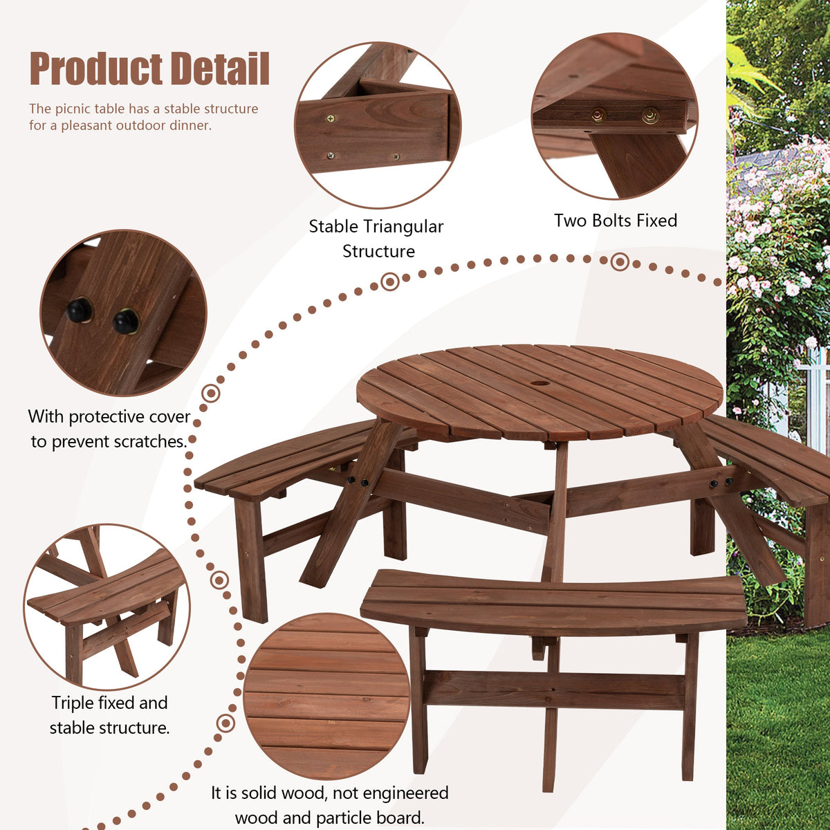 6-Person Circular Outdoor Wooden Picnic Table
