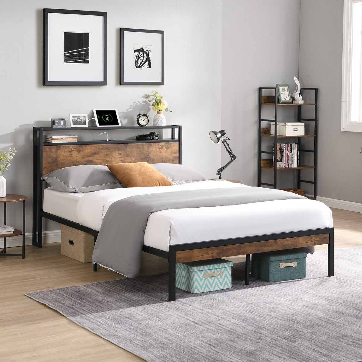 King Size Metal Platform Bed Frame with Wooden Headboard