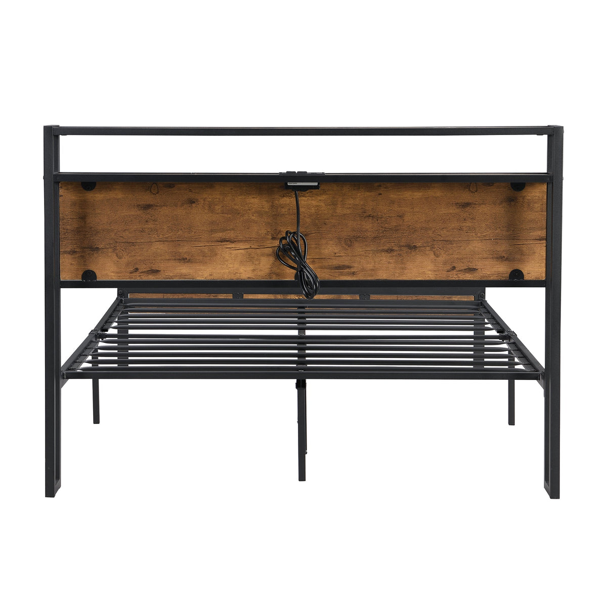 King Size Metal Platform Bed Frame with Wooden Headboard