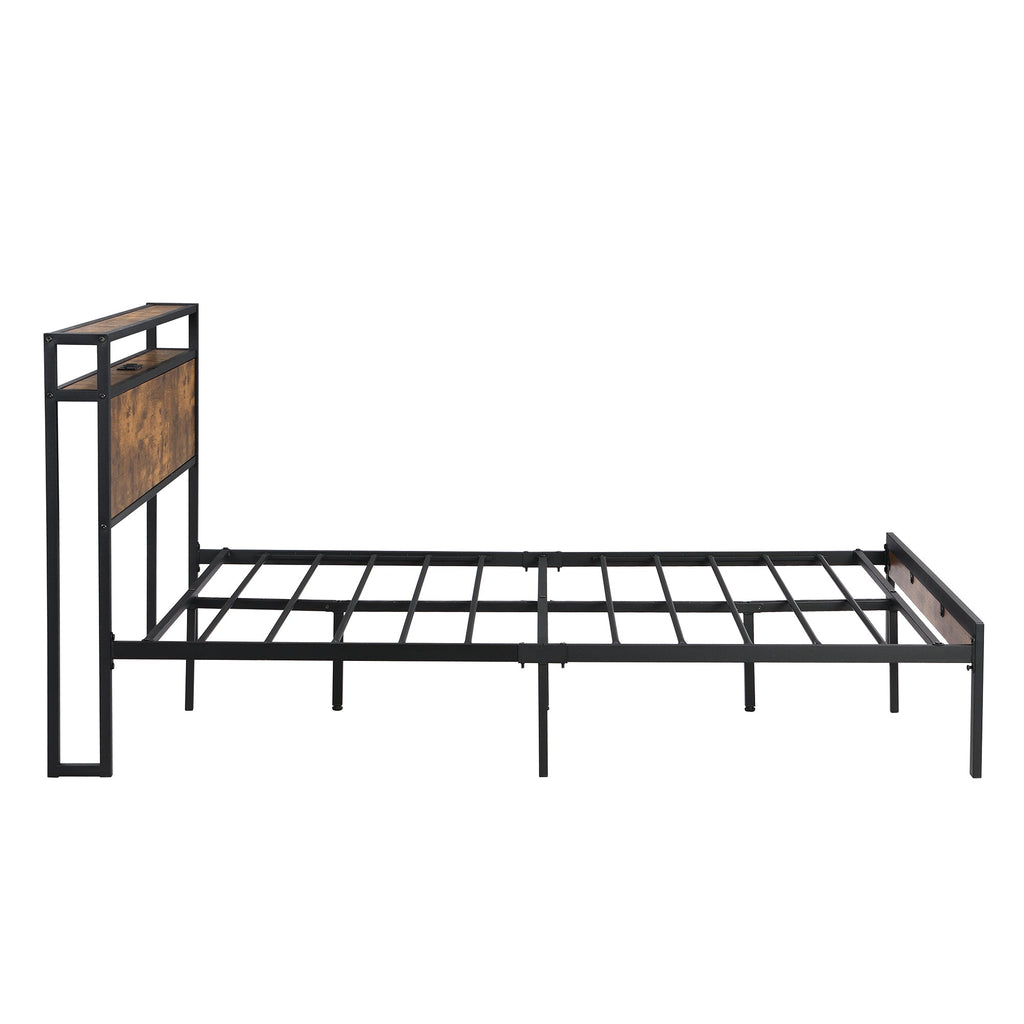 King Size Metal Platform Bed Frame with Wooden Headboard