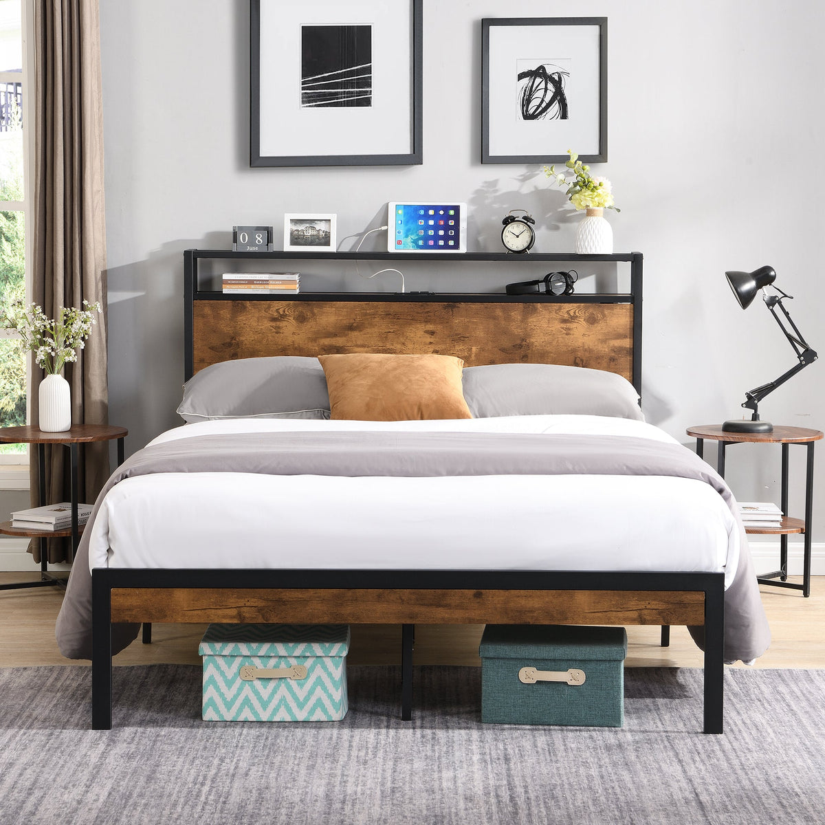 King Size Metal Platform Bed Frame with Wooden Headboard