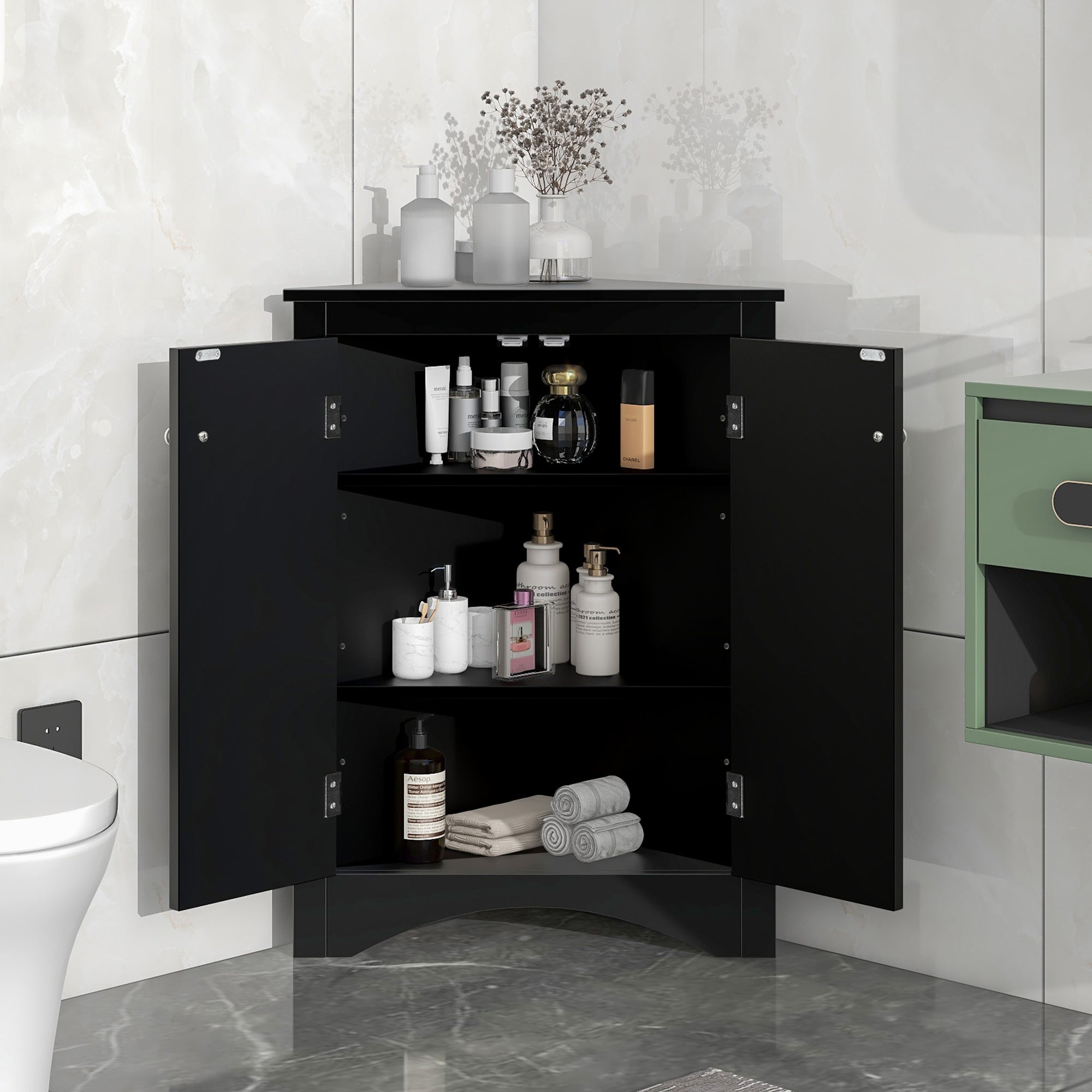 Black Triangle Bathroom Storage Cabinet with Adjustable Shelves