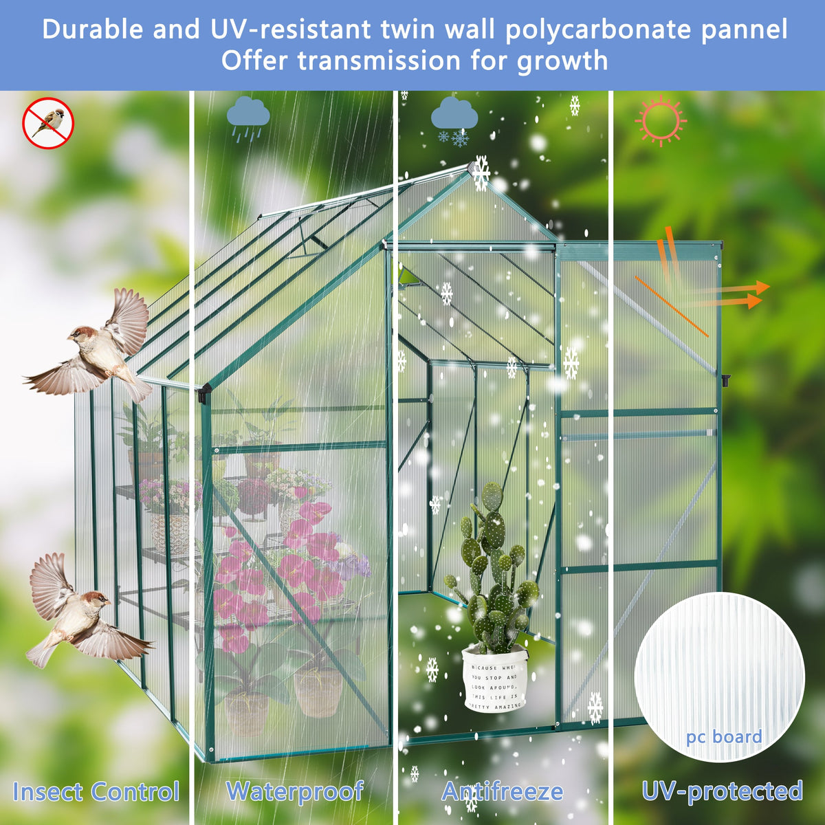 6X10FT Polycarbonate Greenhouse with Raised Base