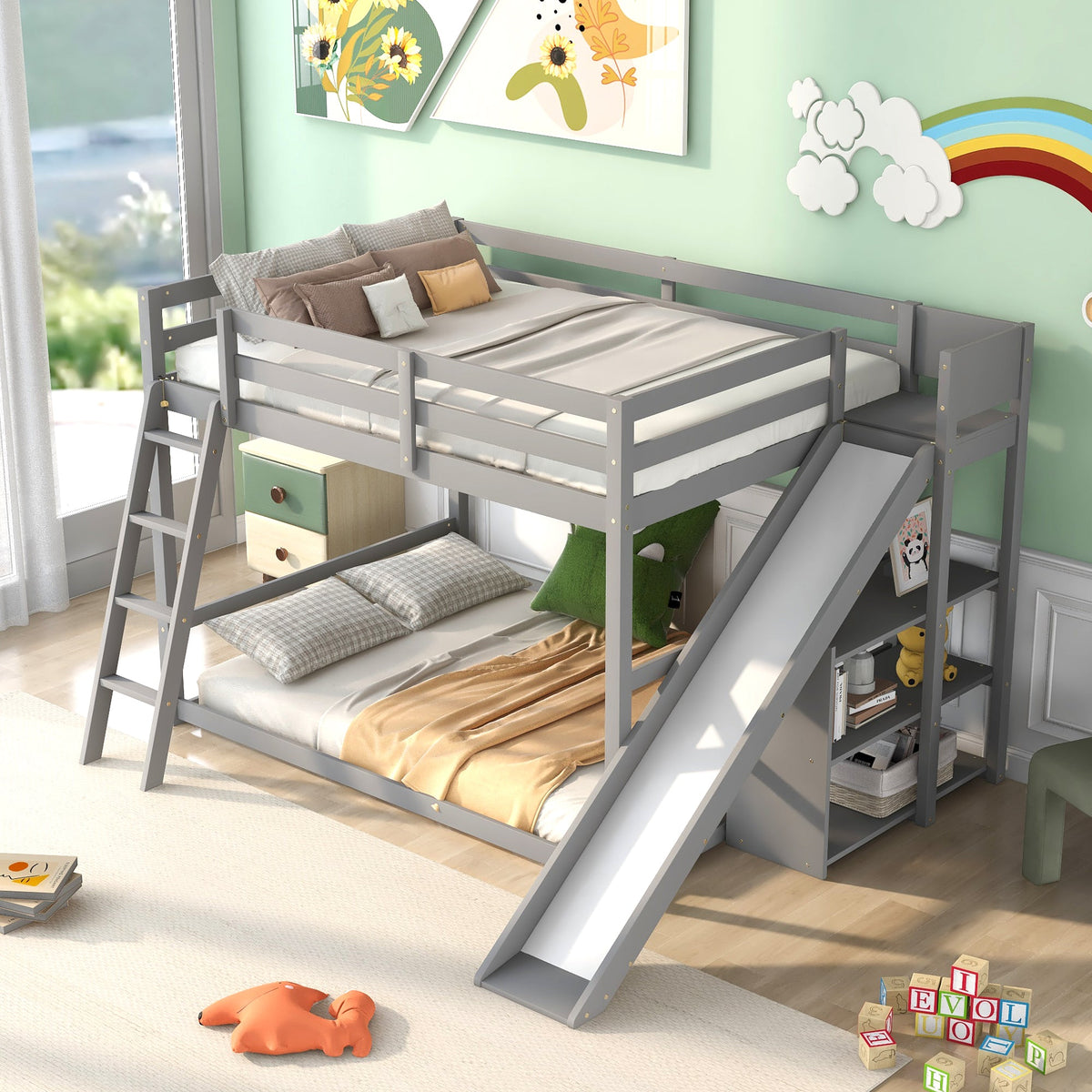 Full Over Full Bunk Bed with Ladder, Slide and Shelves