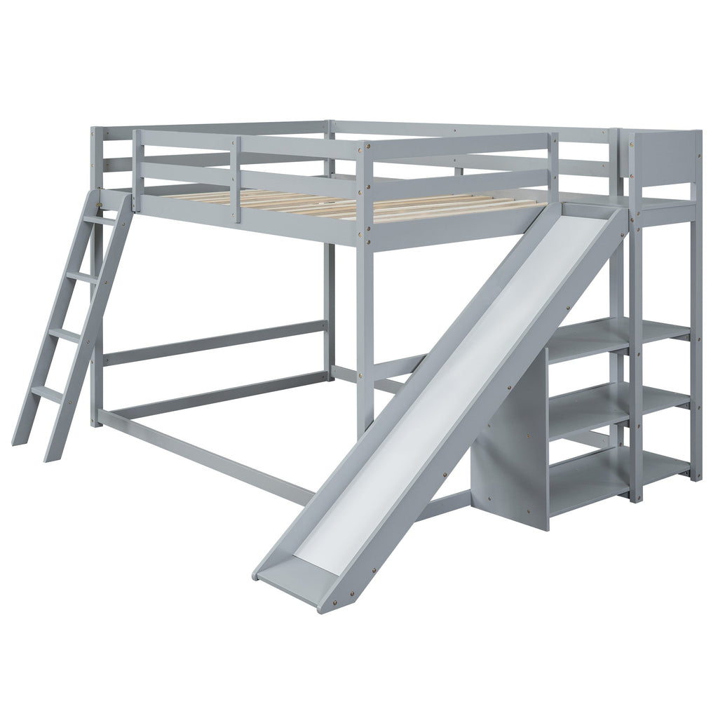 Full Over Full Bunk Bed with Ladder, Slide and Shelves