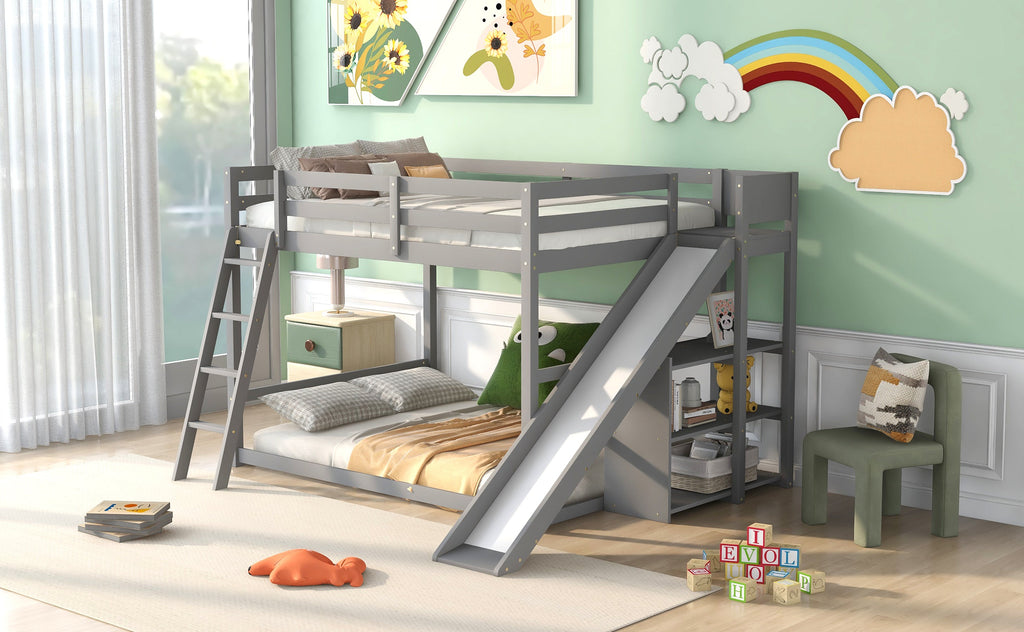Full Over Full Bunk Bed with Ladder, Slide and Shelves