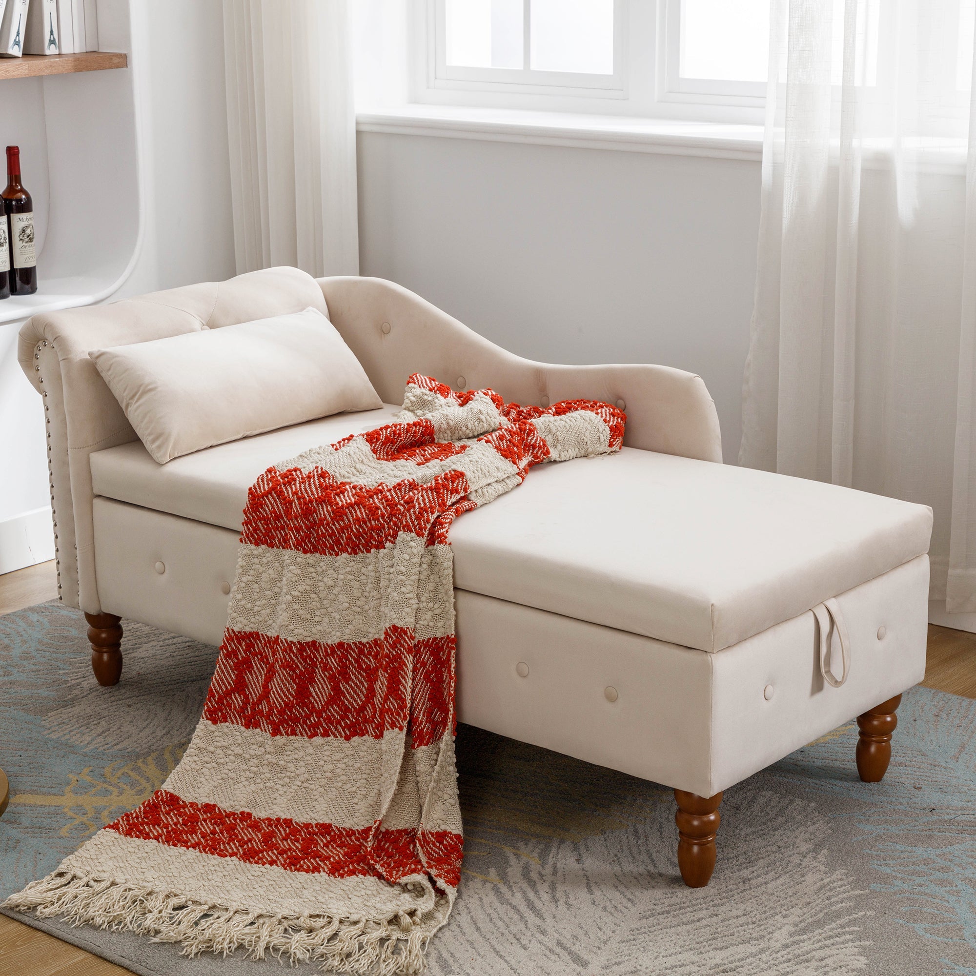Beige Chaise Lounge Indoor Velvet Lounge Chair with Storage