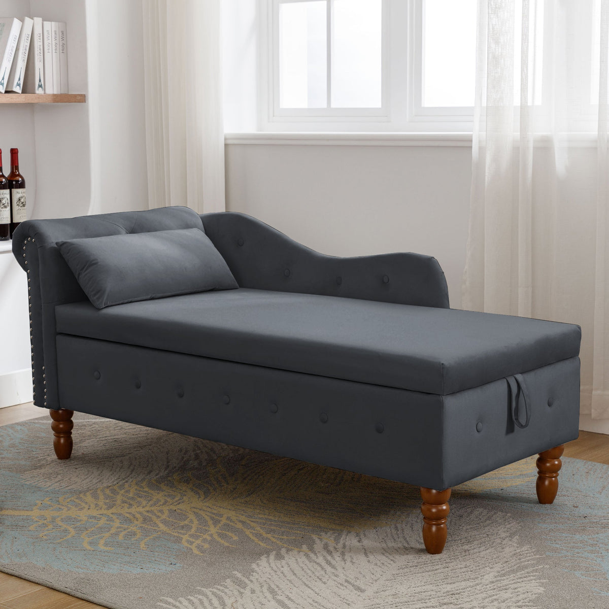 Black Chaise Lounge Indoor with Storage & Pillow