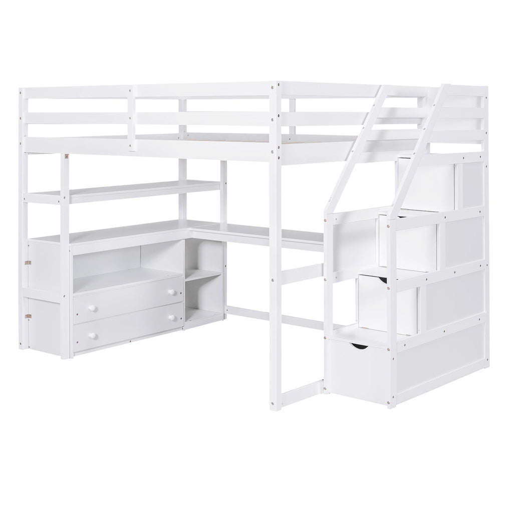 Full Size Loft Bed with Desk and Shelves