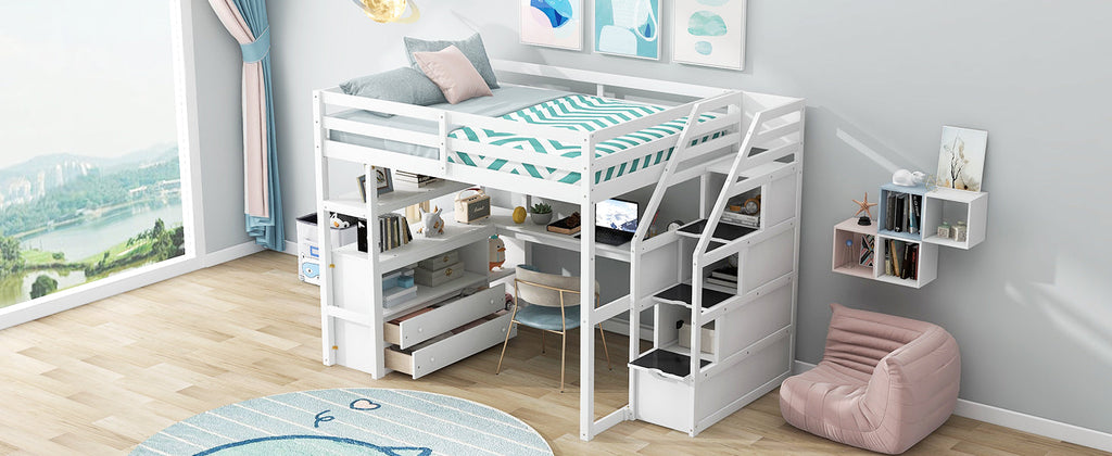 Full Size Loft Bed with Desk and Shelves