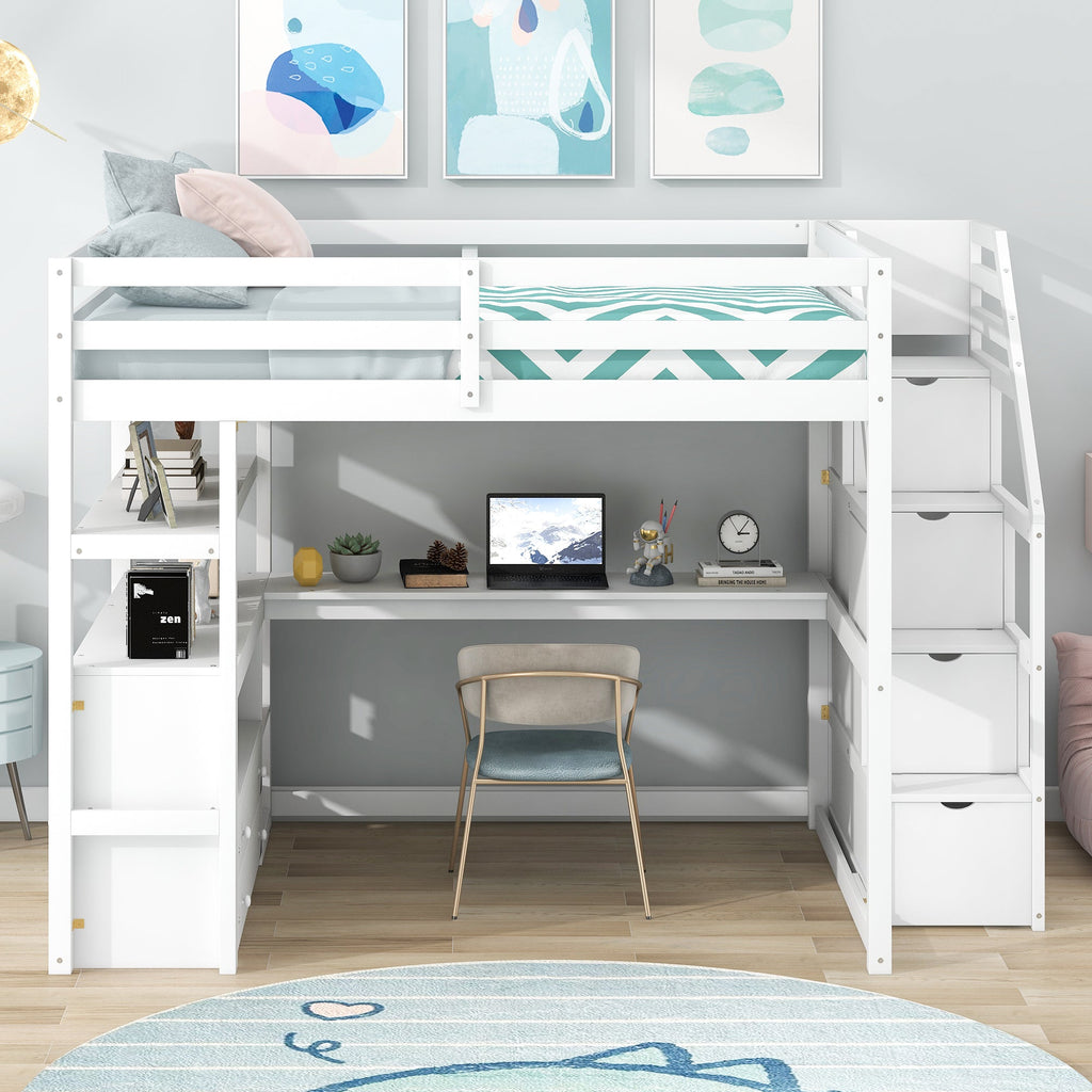 Full Size Loft Bed with Desk and Shelves