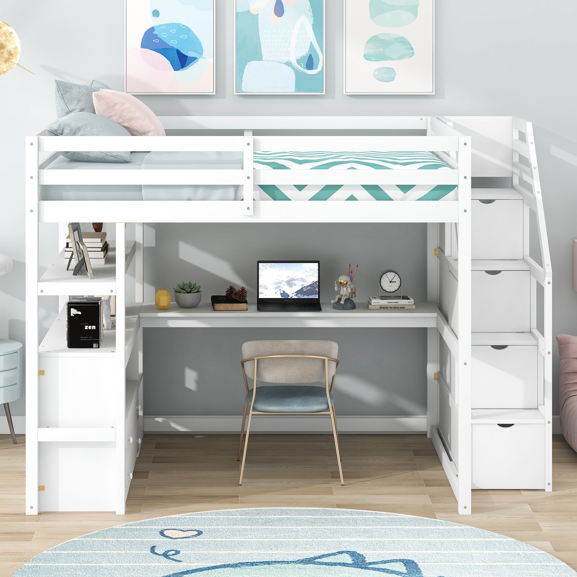 Full Size Loft Bed with Desk and Shelves