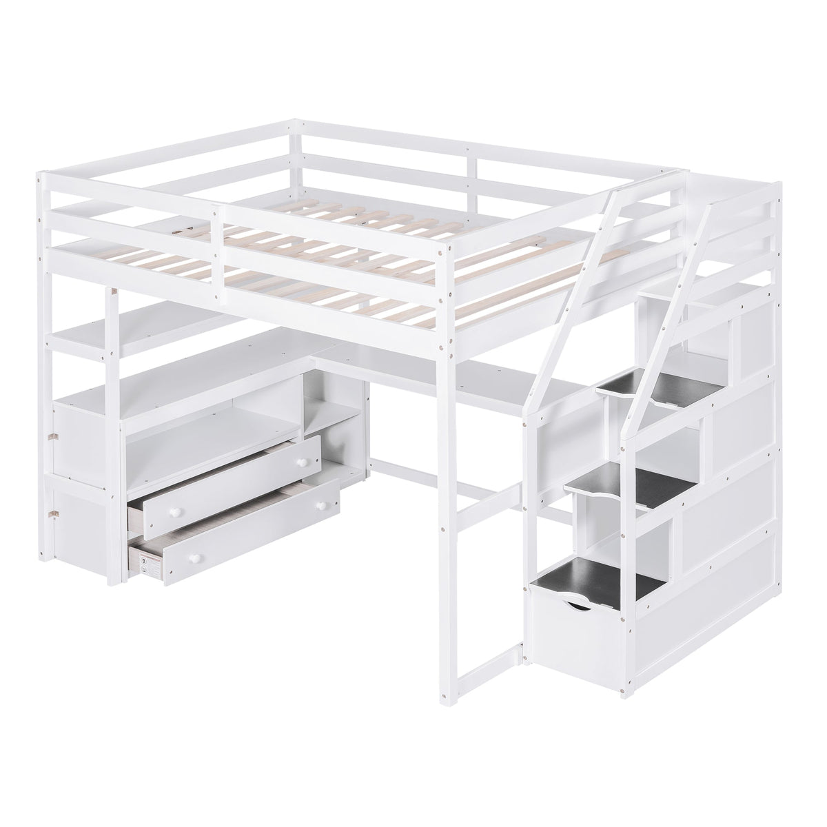 Full Size Loft Bed with Desk and Shelves