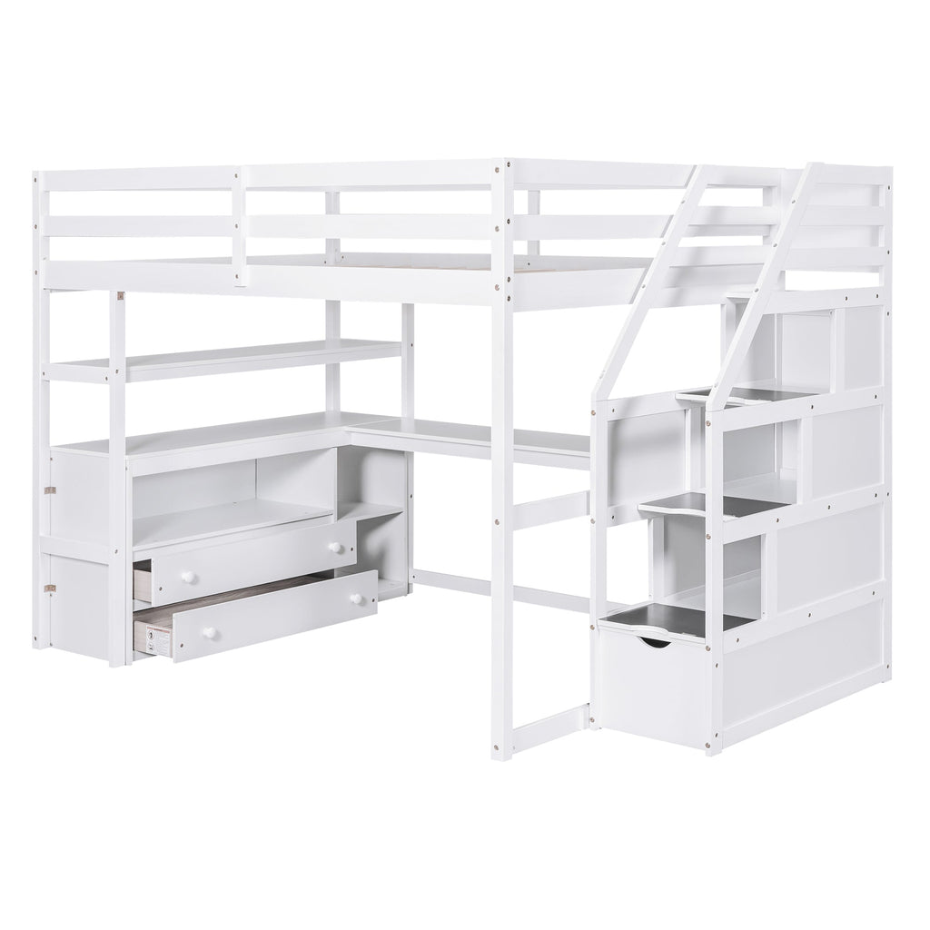 Full Size Loft Bed with Desk and Shelves
