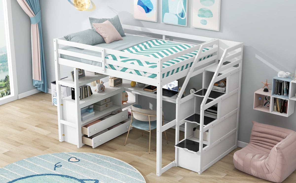 Full Size Loft Bed with Desk and Shelves