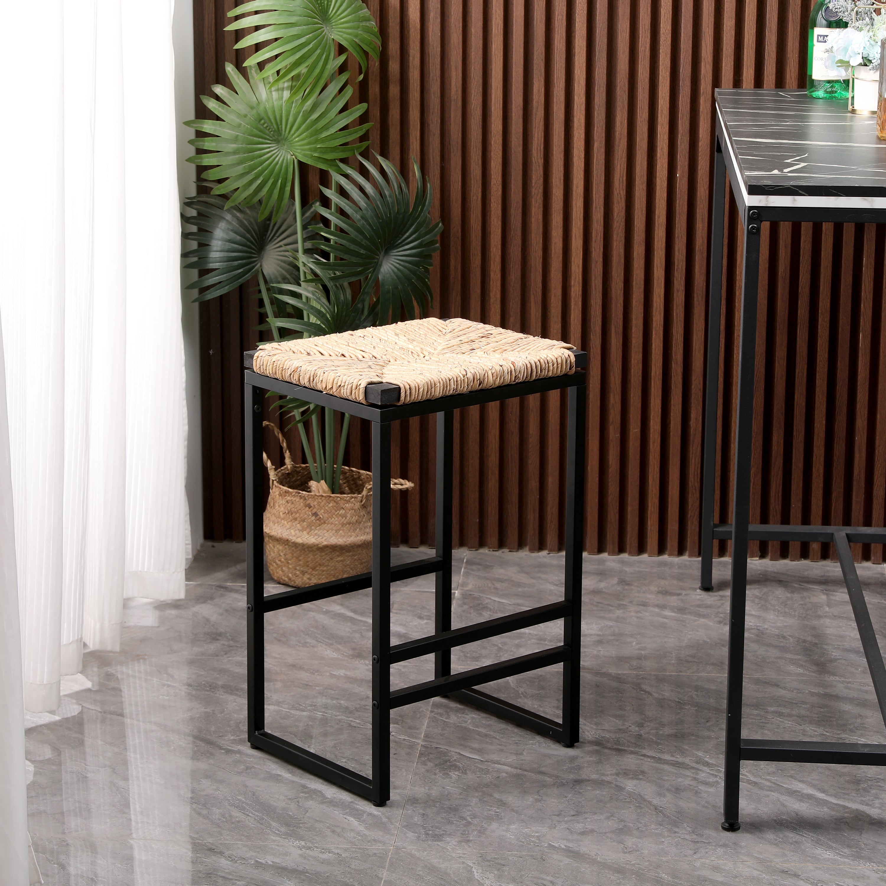 Set of 2 Water Hyacinth Woven Bar Stools for Kitchen Counter