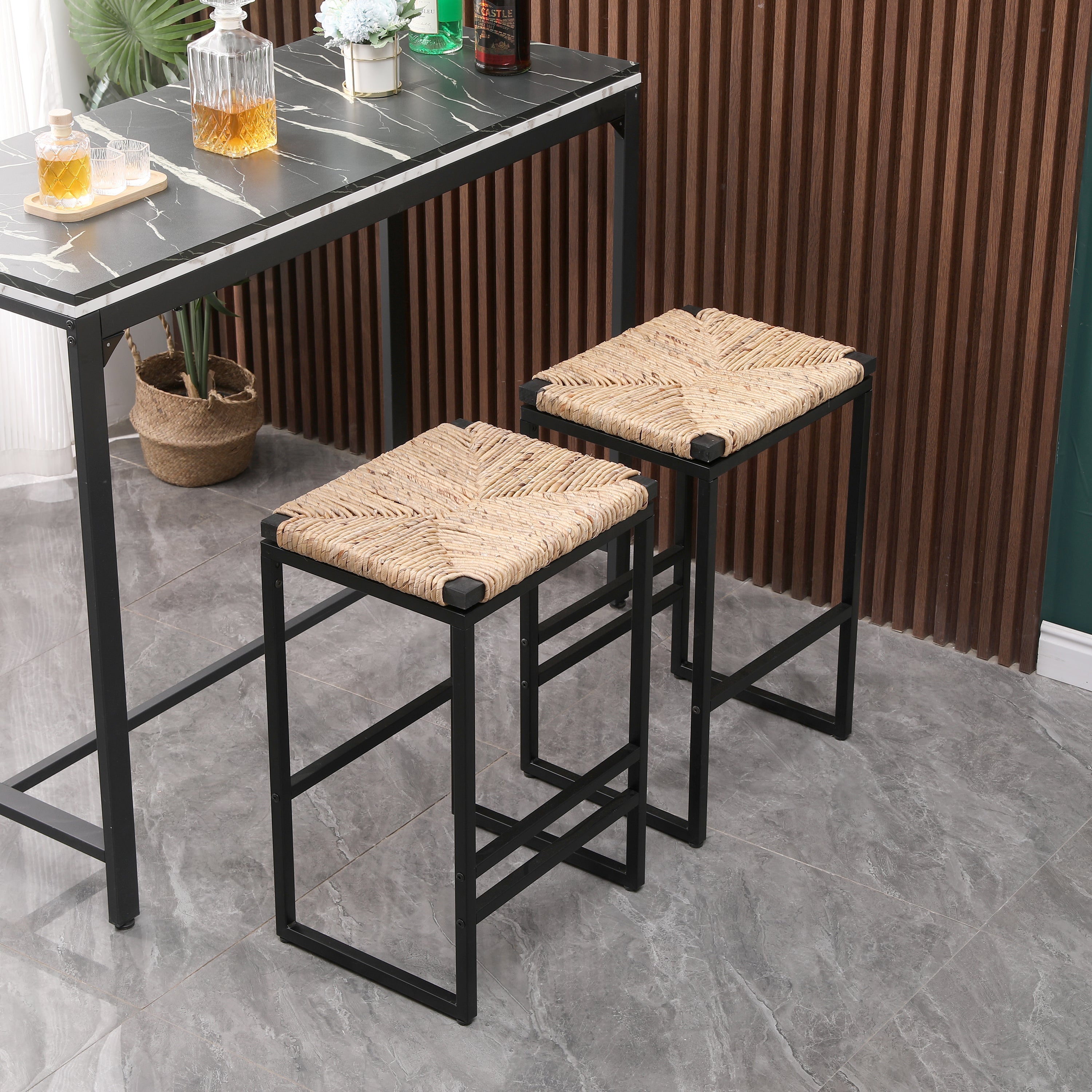 Set of 2 Water Hyacinth Woven Bar Stools for Kitchen Counter
