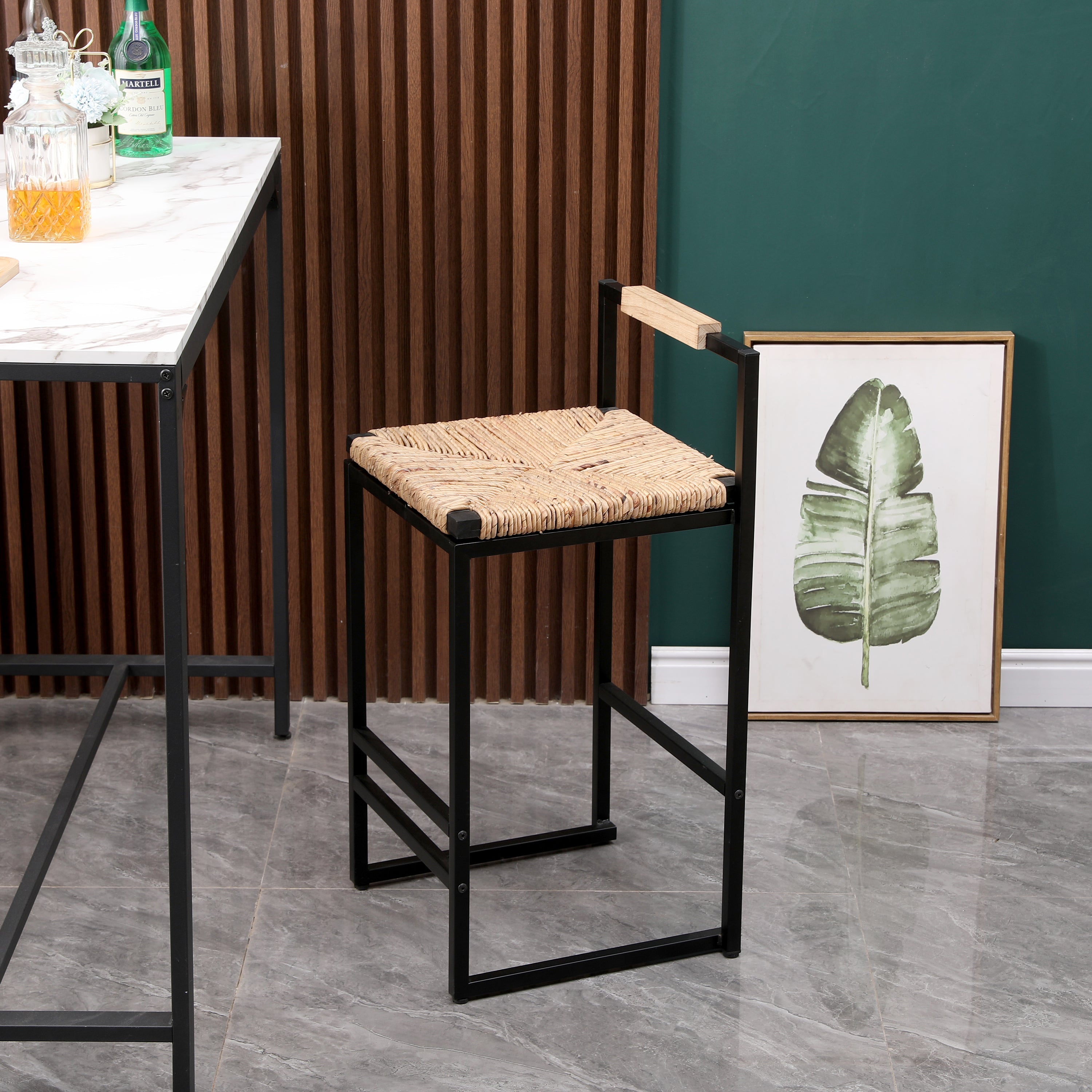 Set of 2 Water Hyacinth Woven Bar Stools with Back Support