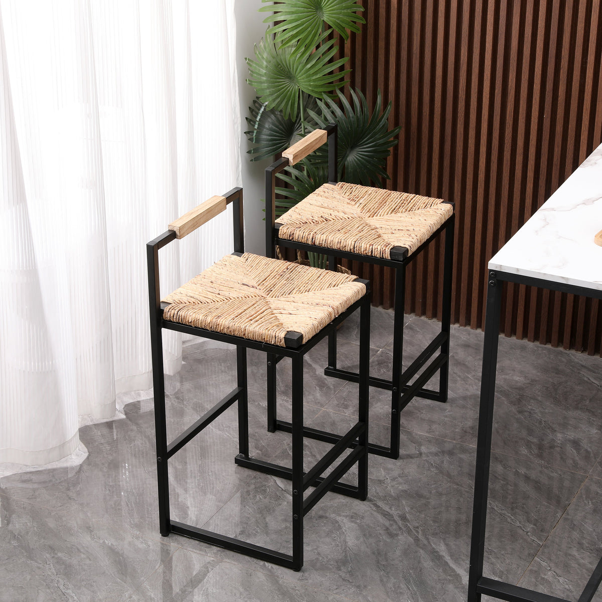 Set of 2 Water Hyacinth Woven Bar Stools with Back Support