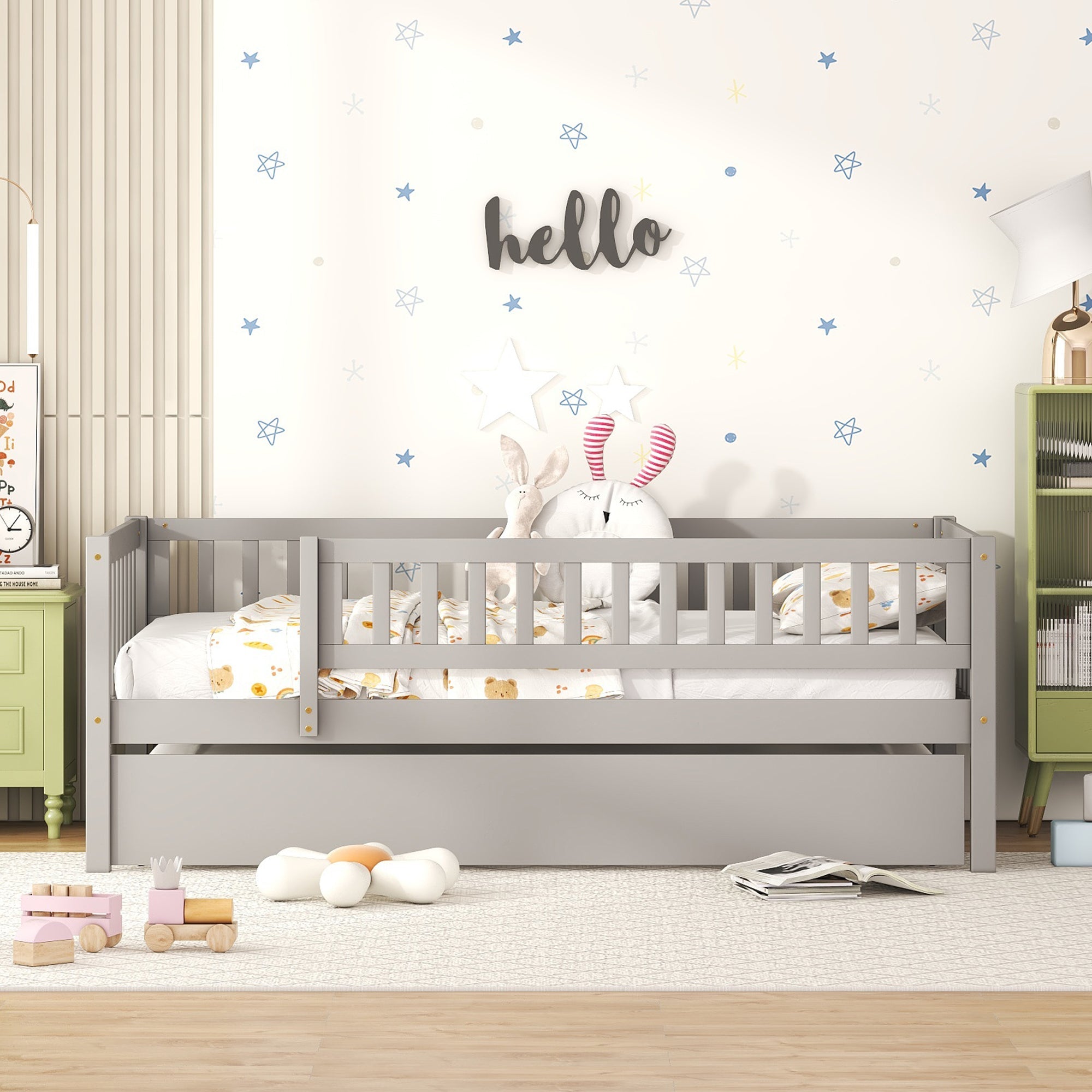 Twin Size Wood Daybed with Trundle and Fence Guardrails