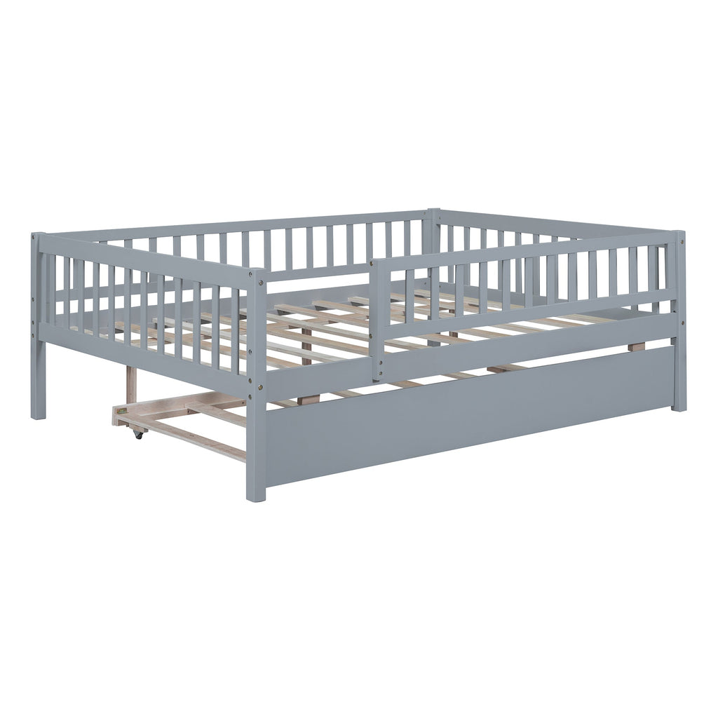 Full Size Wood Daybed with Trundle and Fence Guardrails