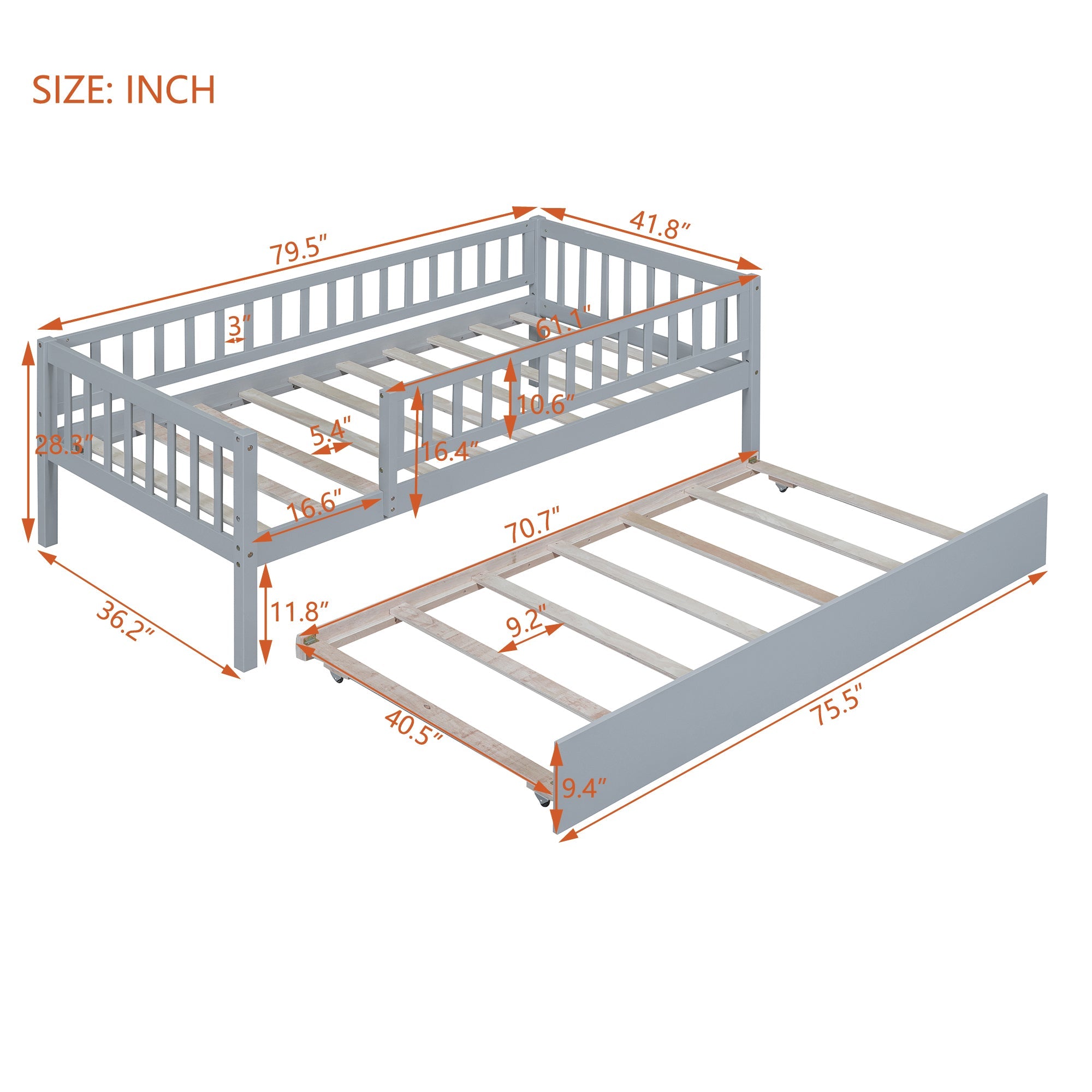 Twin Size Wood Daybed with Trundle and Fence Guardrails