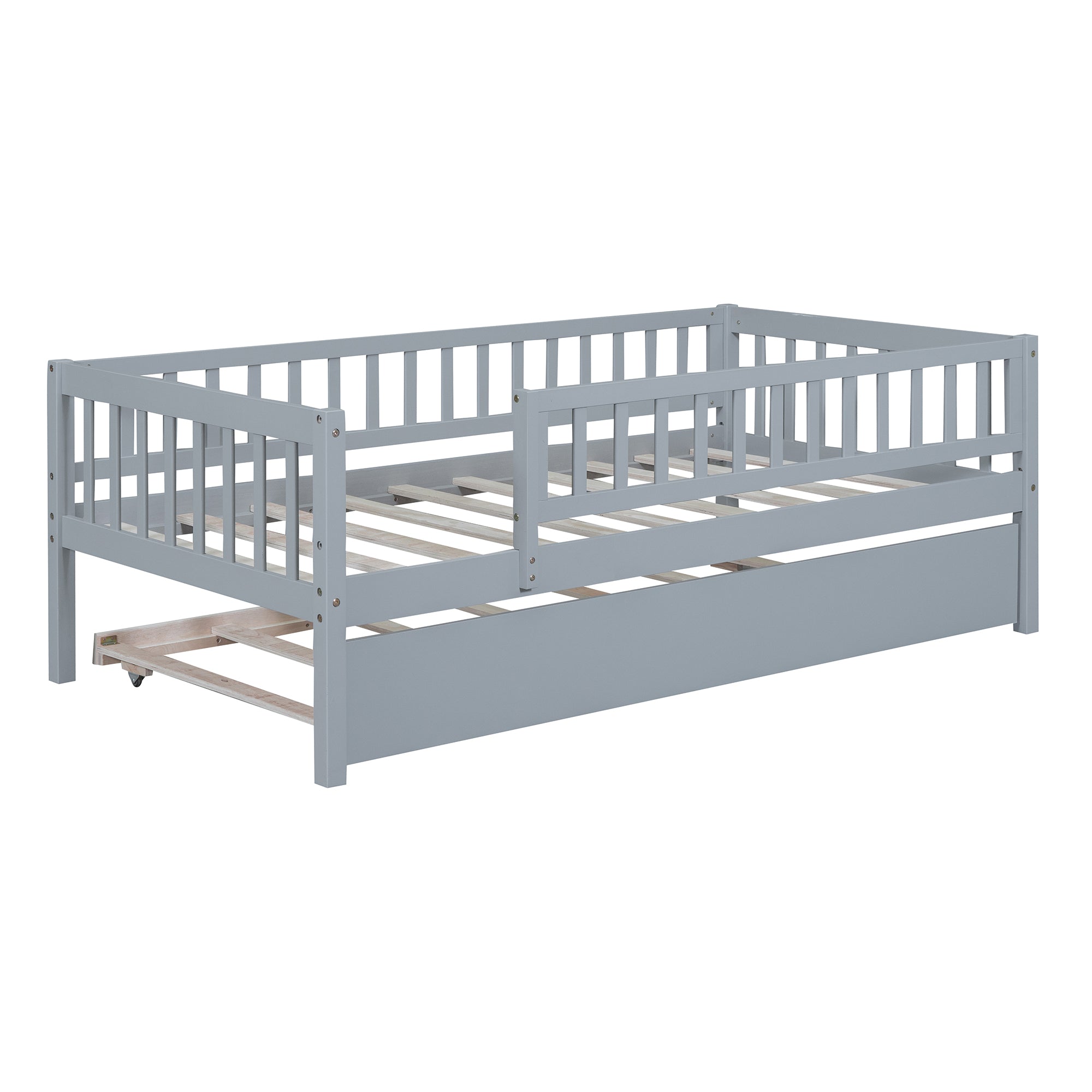 Twin Size Wood Daybed with Trundle and Fence Guardrails