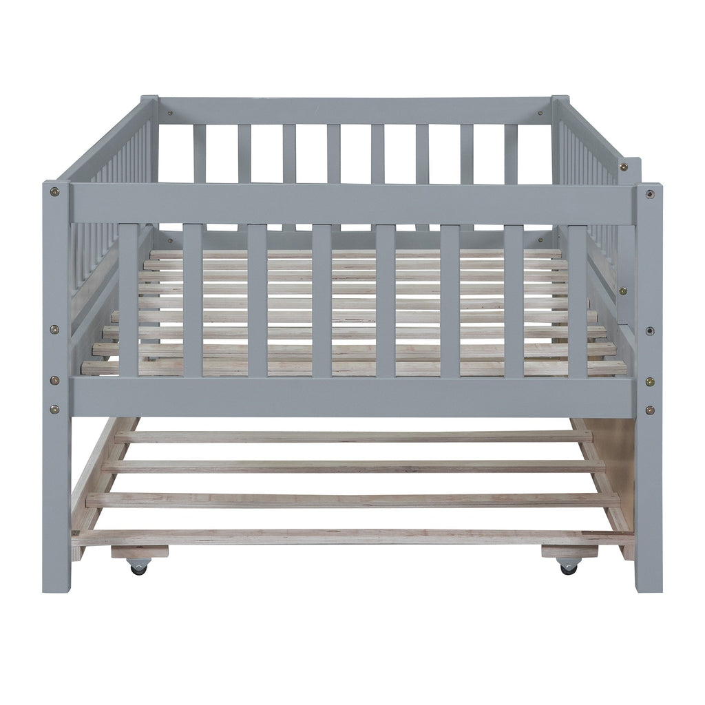 Twin Size Wood Daybed with Trundle and Fence Guardrails