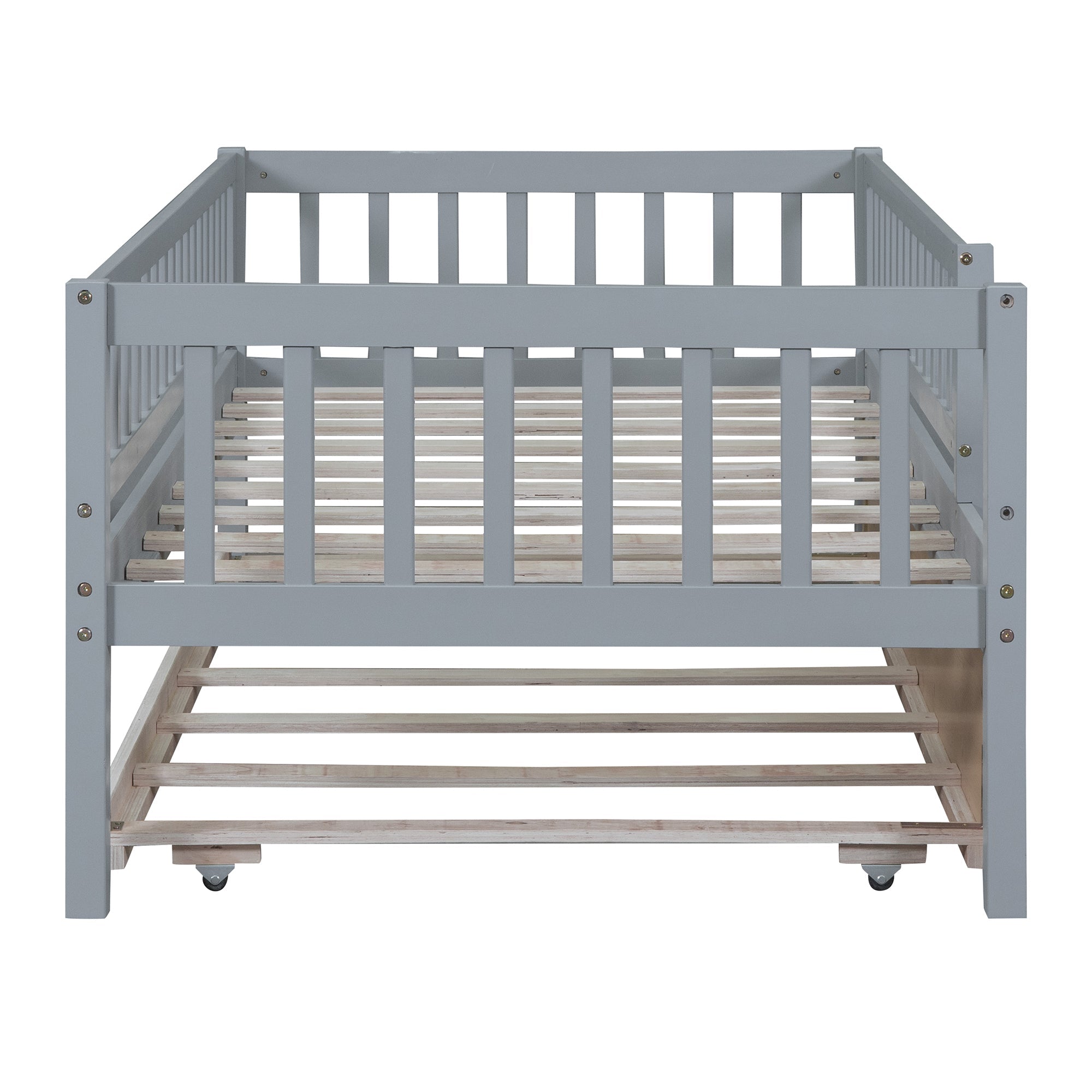 Twin Size Wood Daybed with Trundle and Fence Guardrails