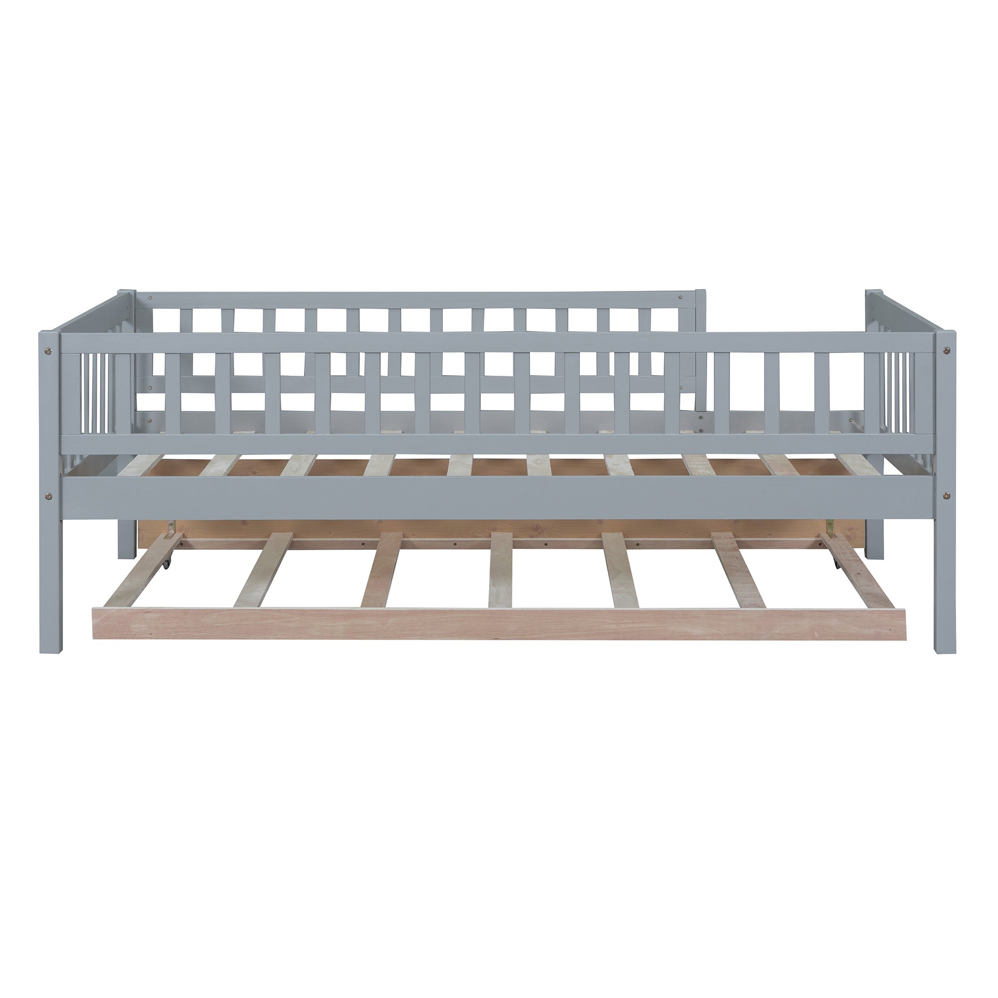 Twin Size Wood Daybed with Trundle and Fence Guardrails