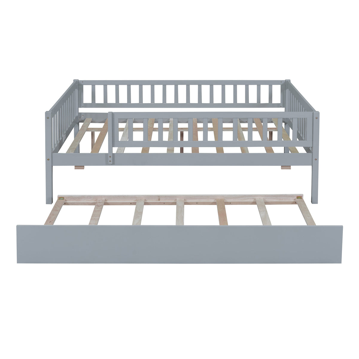 Full Size Wood Daybed with Trundle and Fence Guardrails