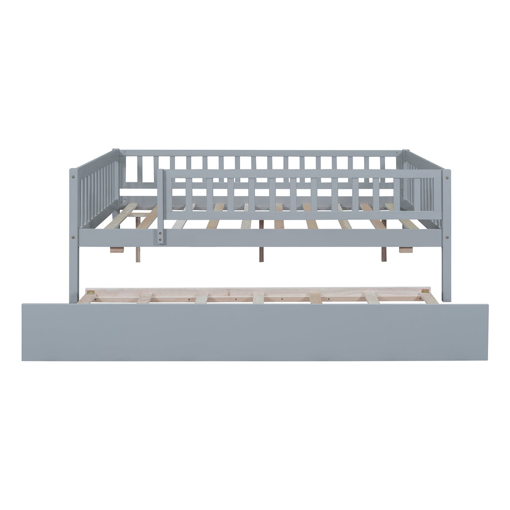 Full Size Wood Daybed with Trundle and Fence Guardrails