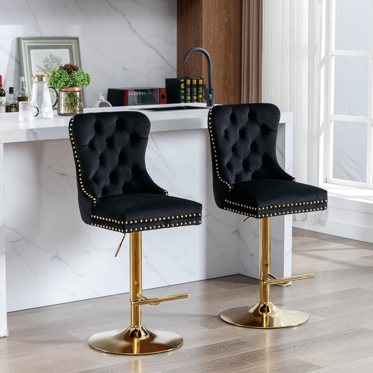 Thick Golden Swivel Velvet Barstools - Set of 2