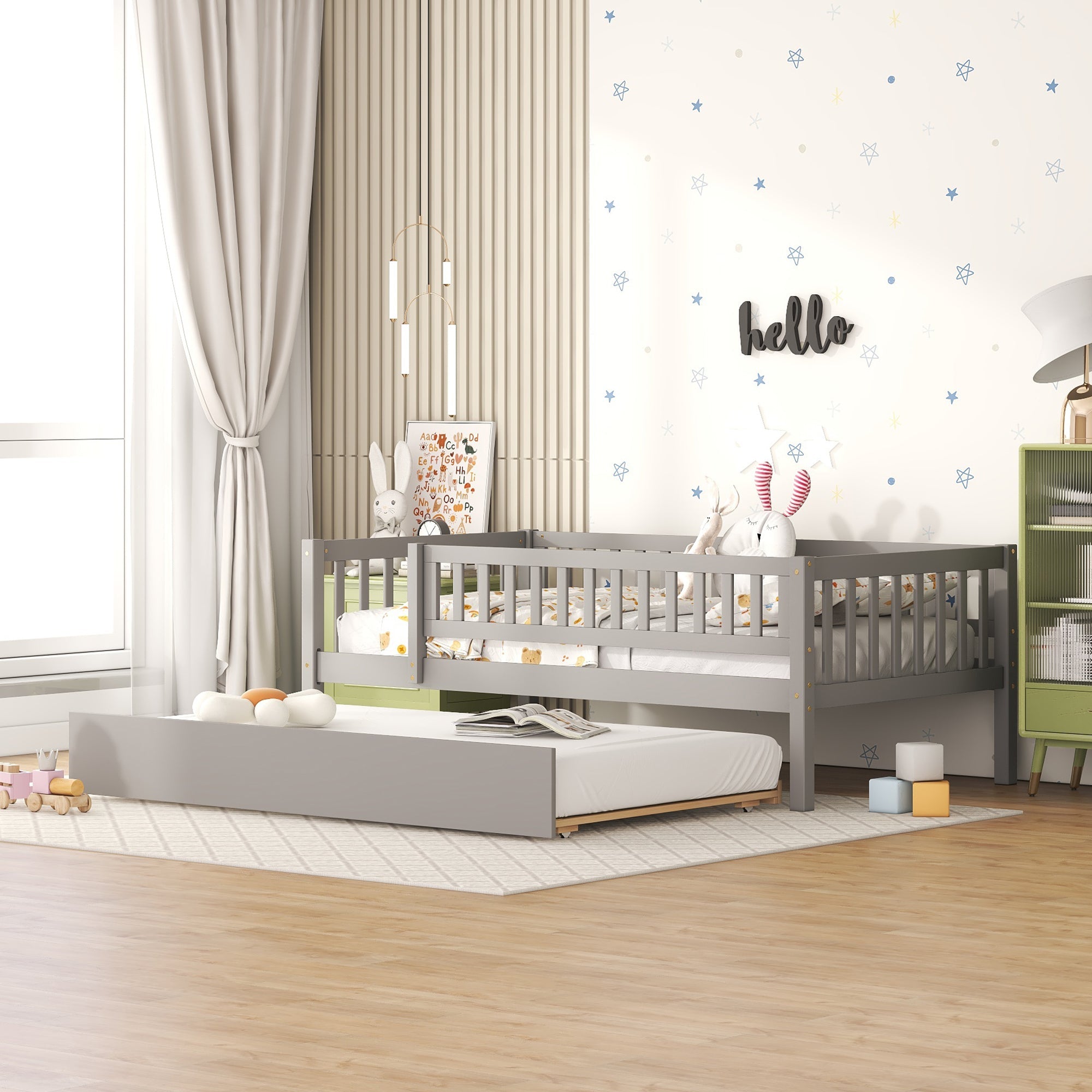 Twin Size Wood Daybed with Trundle and Fence Guardrails
