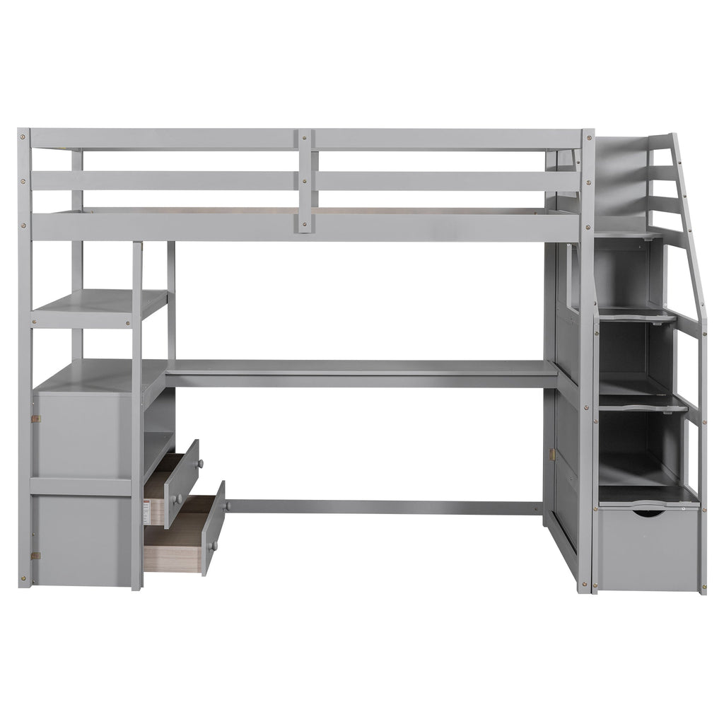 Twin Size Loft Bed with Desk and Shelves