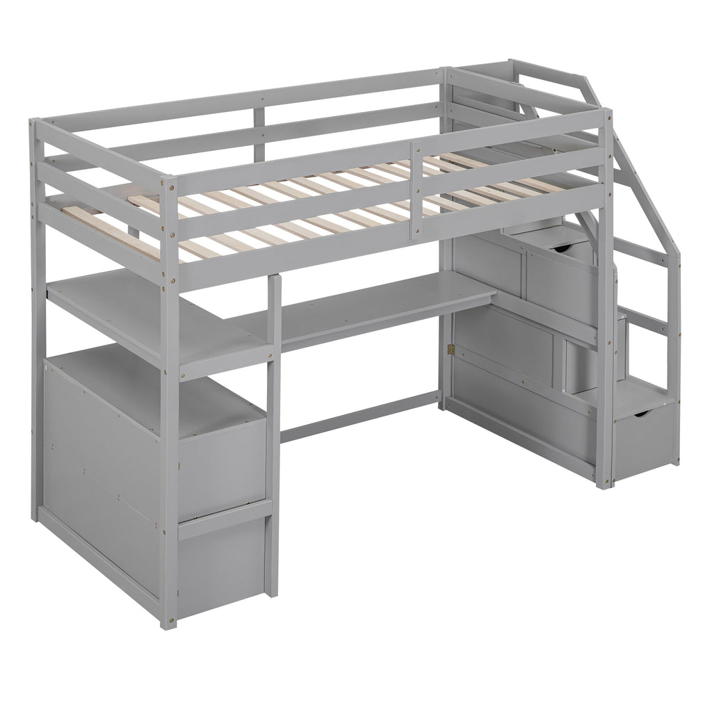 Twin Size Loft Bed with Desk and Shelves