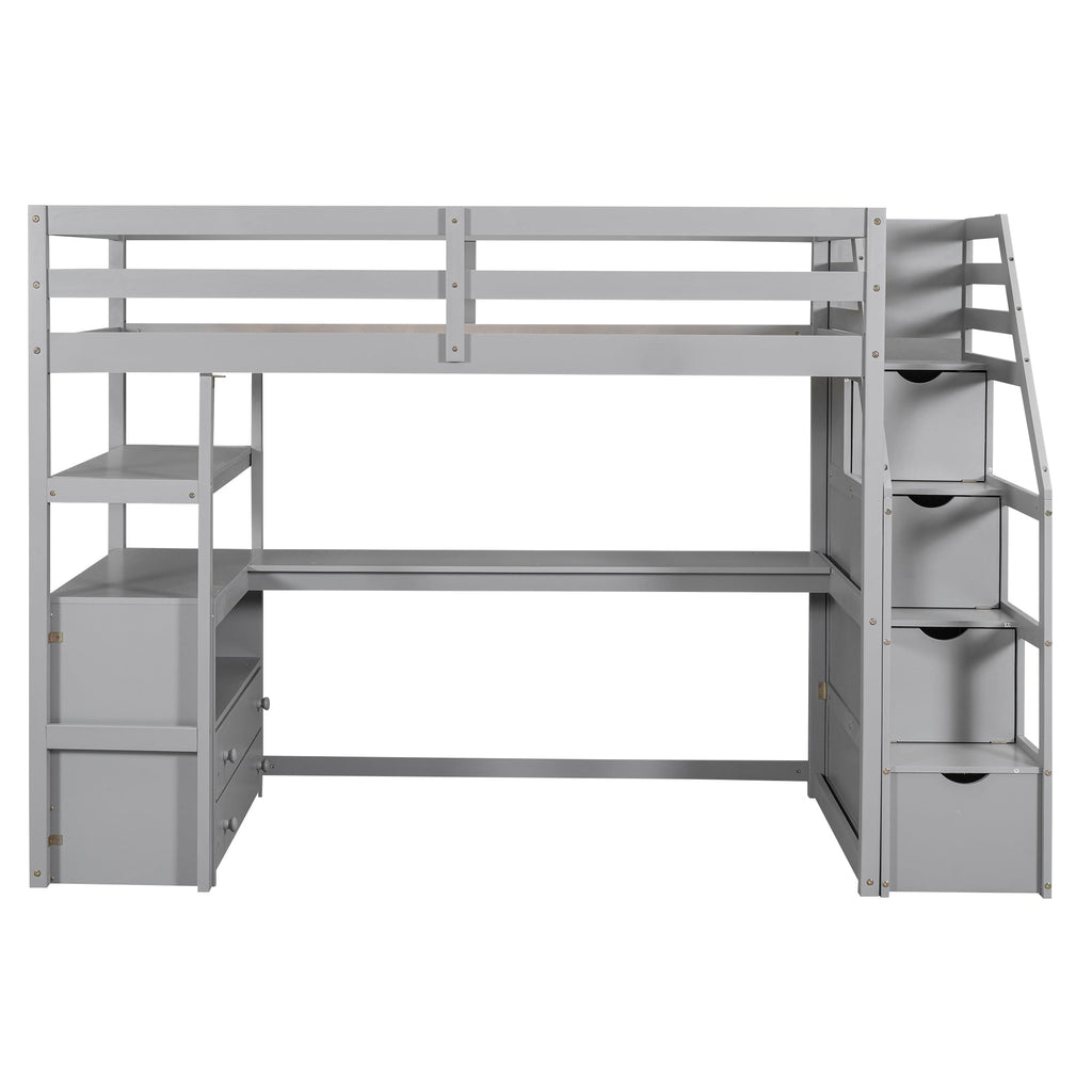 Twin Size Loft Bed with Desk and Shelves