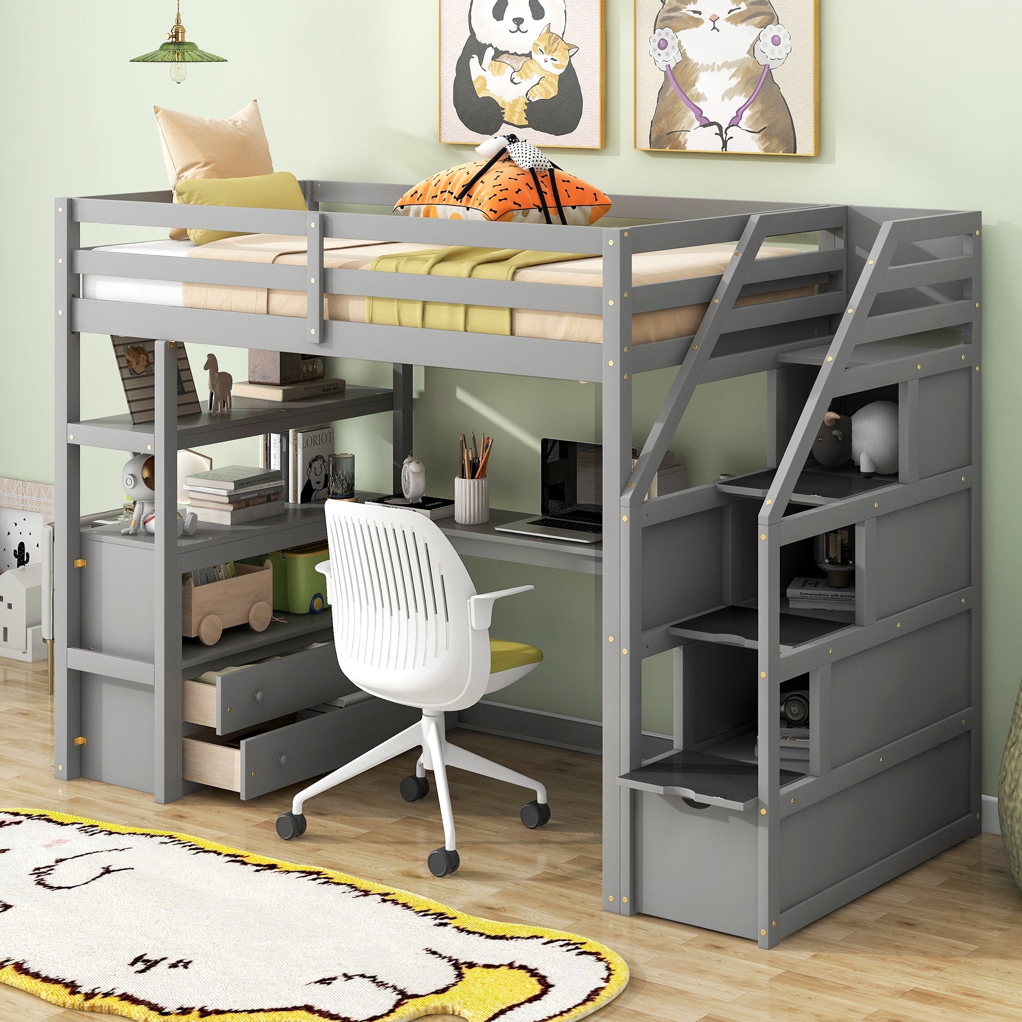 Twin Size Loft Bed with Desk and Shelves