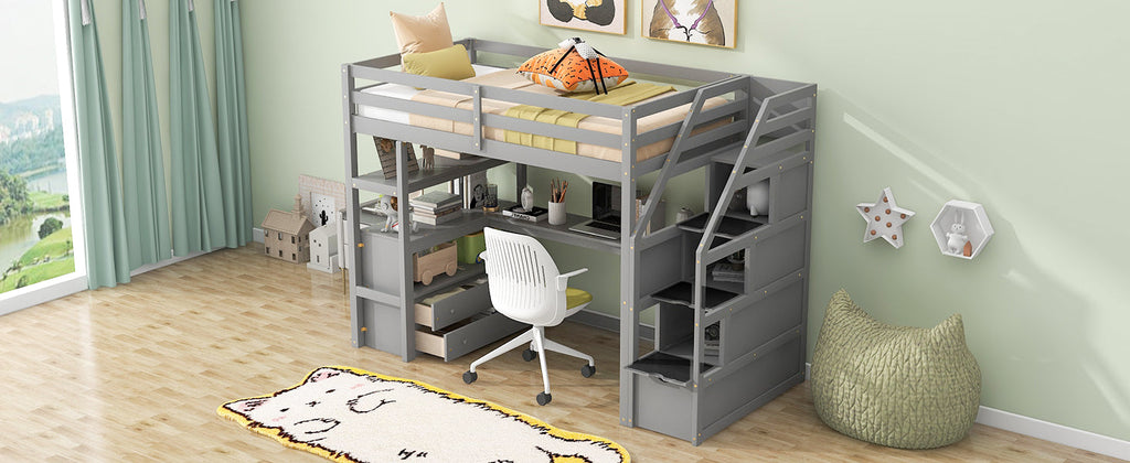 Twin Size Loft Bed with Desk and Shelves
