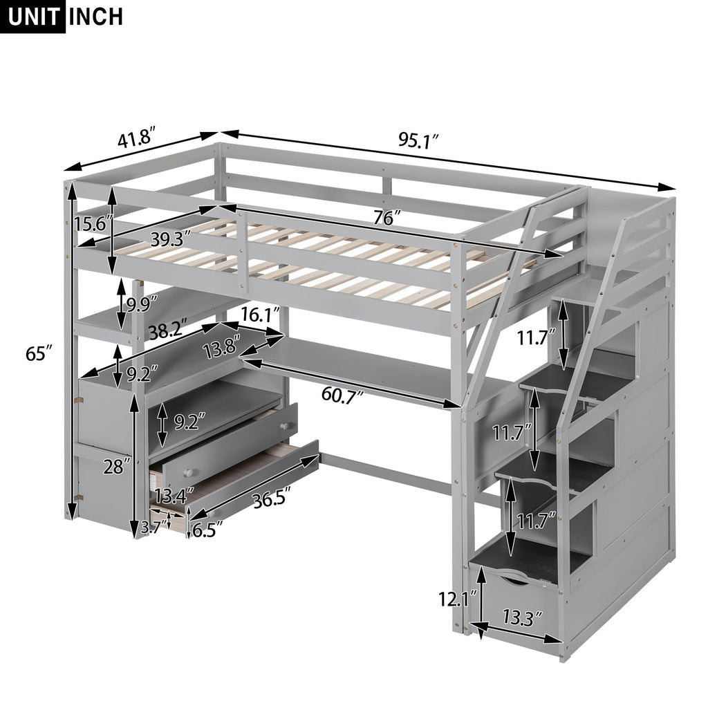 Twin Size Loft Bed with Desk and Shelves