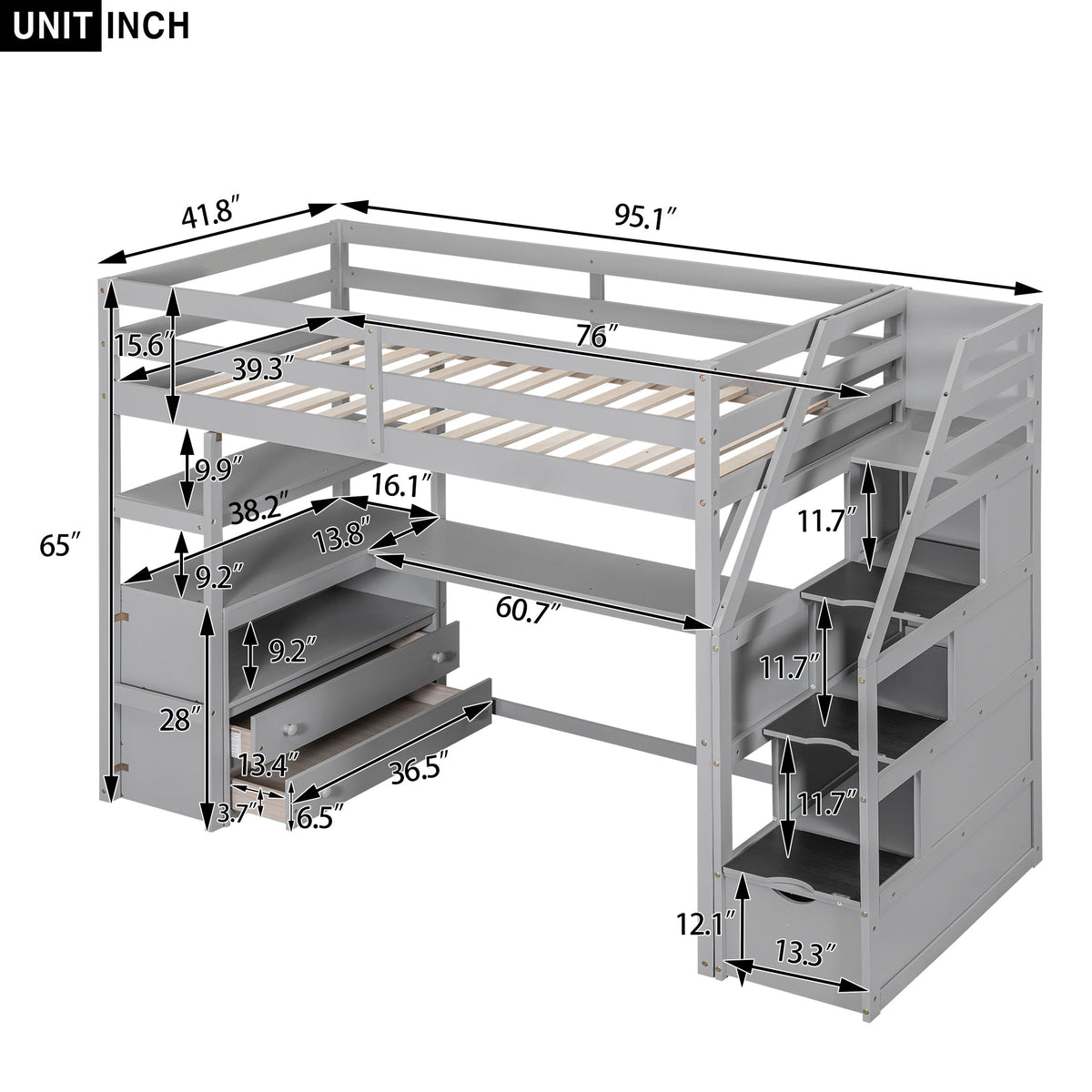 Twin Size Loft Bed with Desk and Shelves