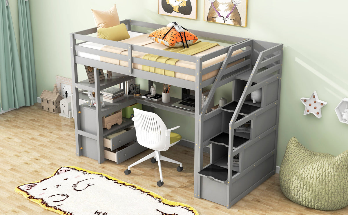 Twin Size Loft Bed with Desk and Shelves