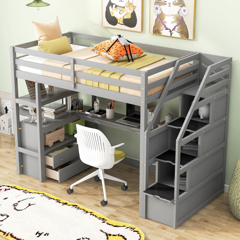 Twin Size Loft Bed with Desk and Shelves
