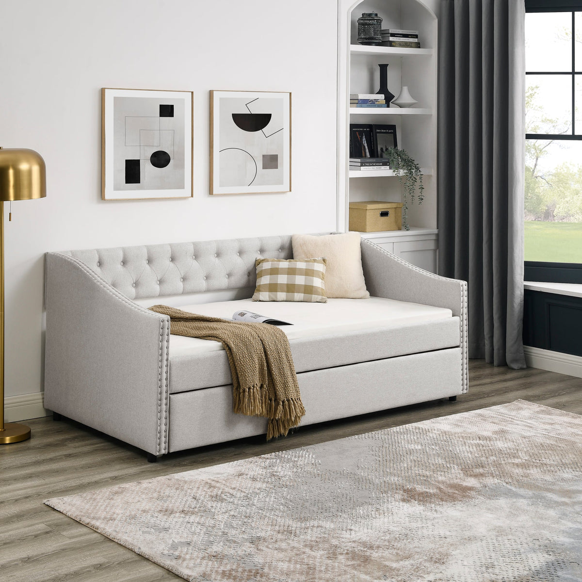 Twin Size Upholstered Daybed with Twin Size Trundle