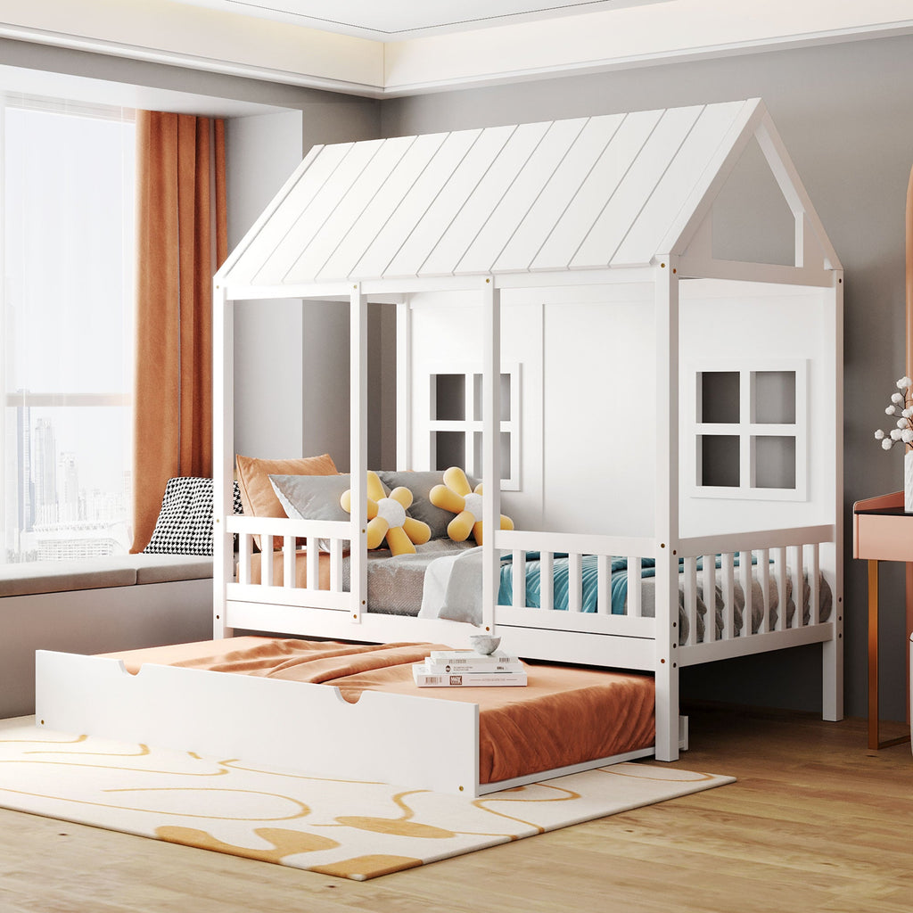 Twin Size Wood House Bed With Twin Size Trundle