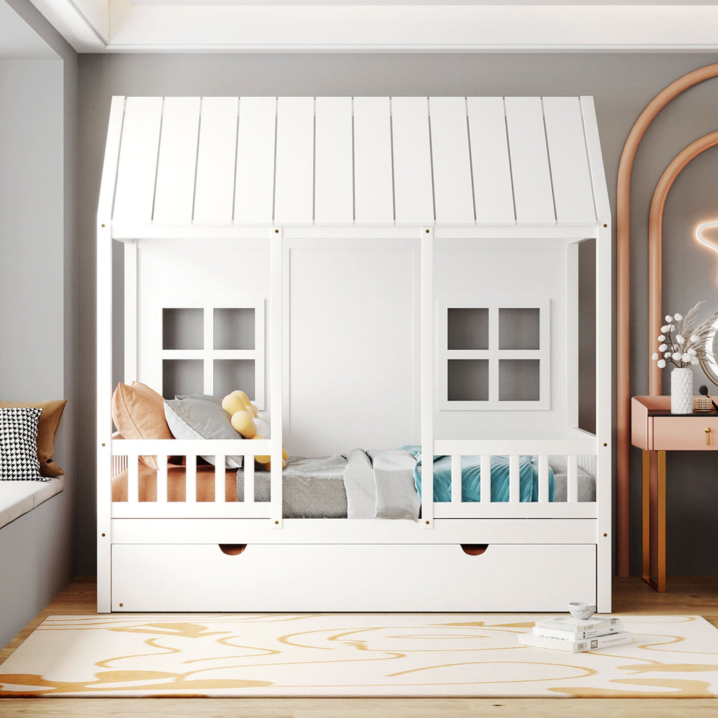 Twin Size Wood House Bed With Twin Size Trundle