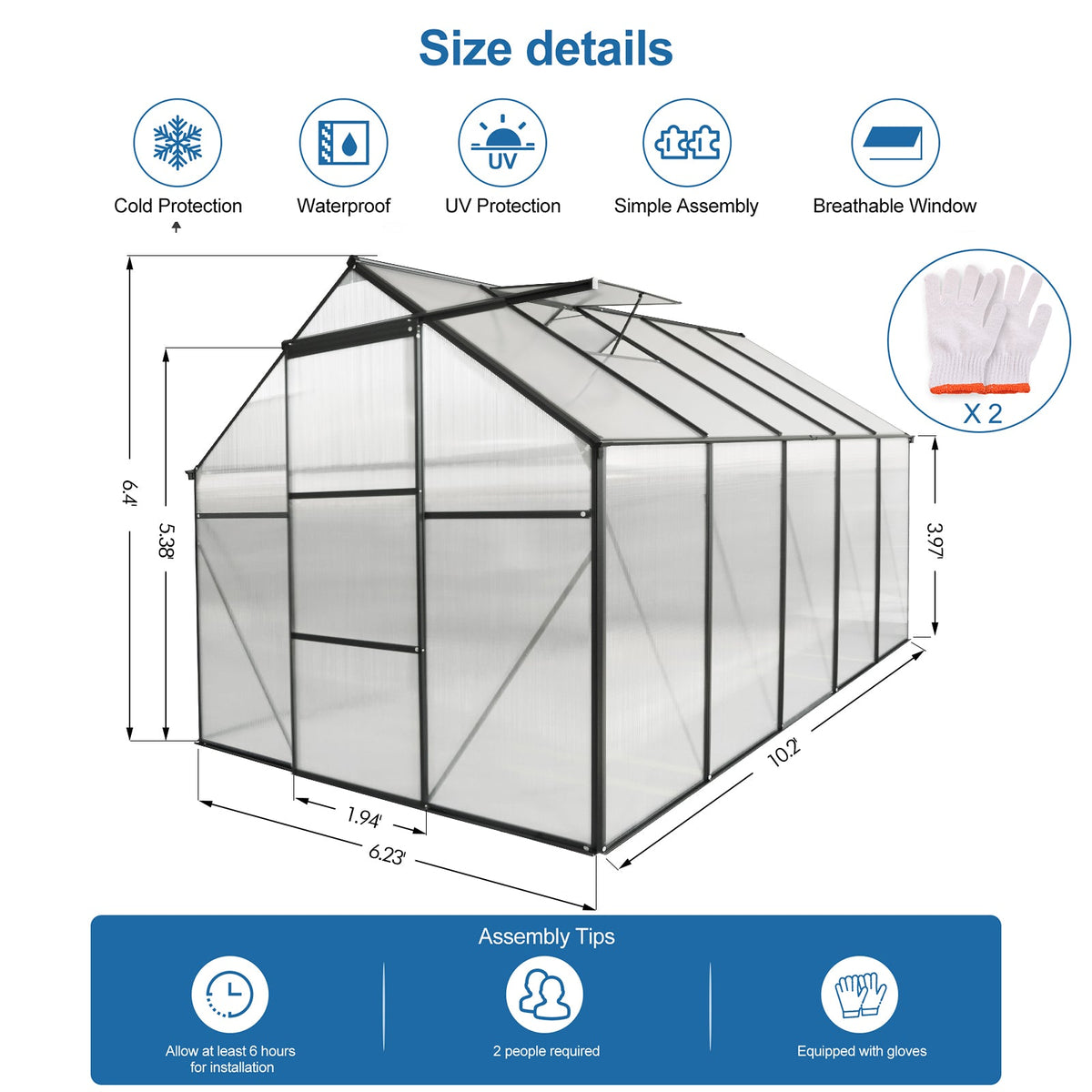 6x10 FT Polycarbonate Greenhouse