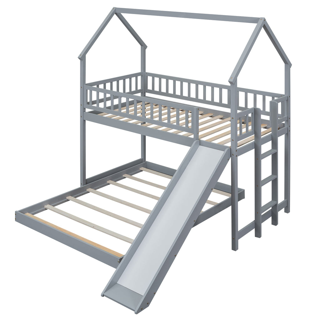 Twin Over Full House Bunk Bed With Slide and Built-in Ladder