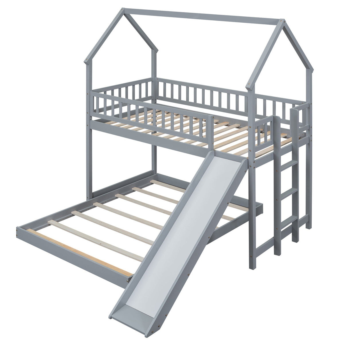 Twin Over Full House Bunk Bed With Slide and Built-in Ladder
