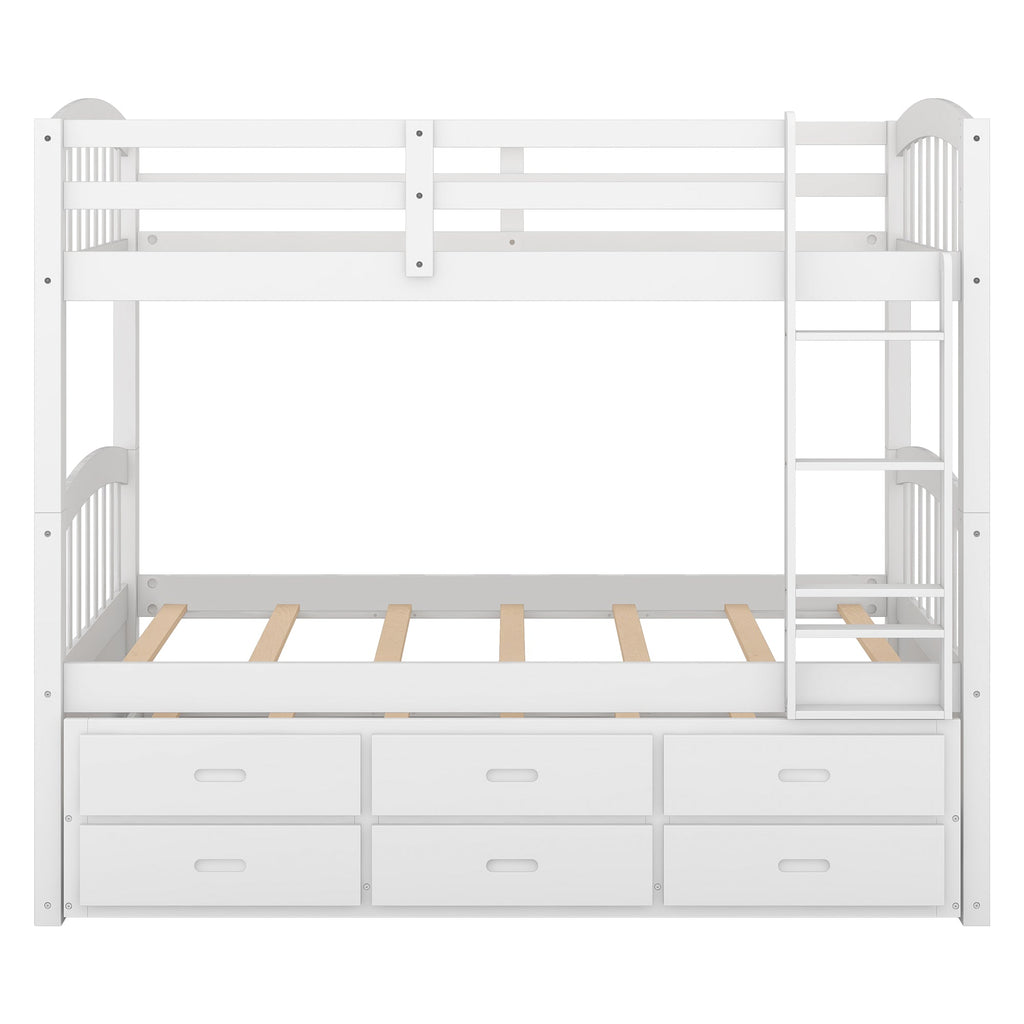 Twin Over Twin Wood Bunk Bed with Trundle and Drawers